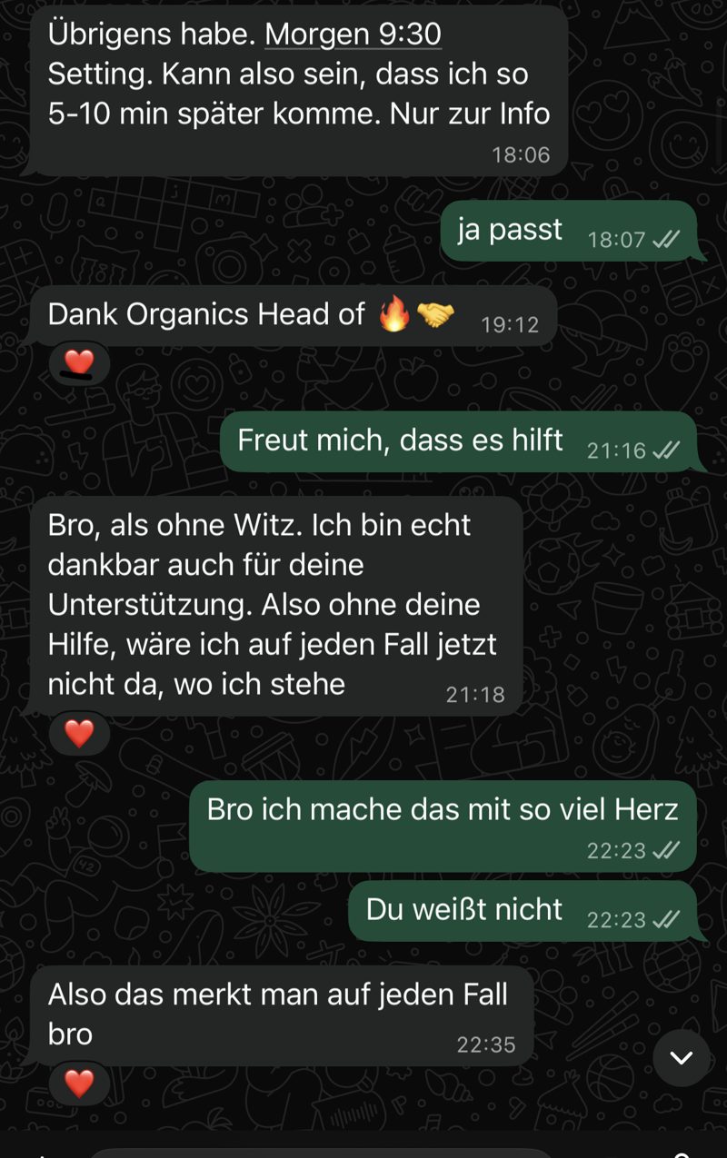 Chat mit einem Setter: Dank für Training und Unterstützung