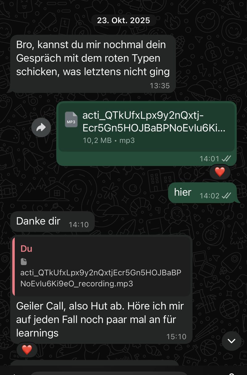Chat mit einem Setter: Call-Aufnahme wird für Learnings geteilt